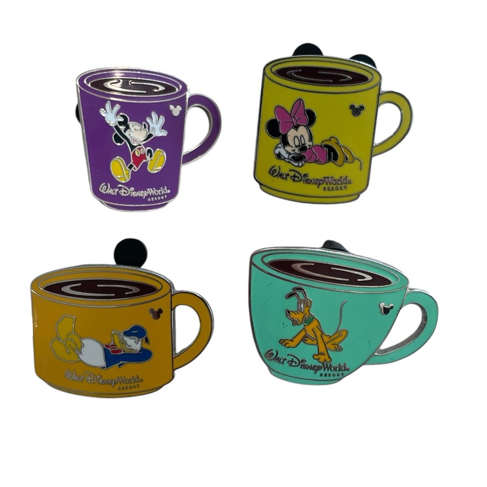 Disney Pins Set of 4 Coffee Mugs Cast Lanyard Collection Hidden Mickey 2005 EUC